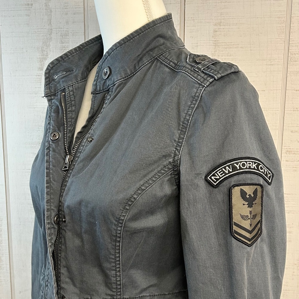 Aeropostale Women Utility Field Jacket M NYC Patch Y2K Moto Grunge Military Gray